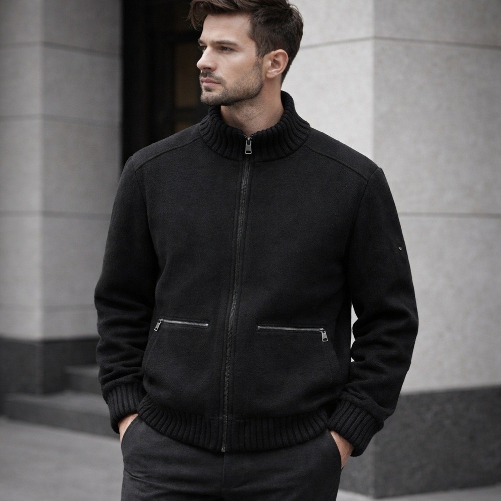 Vintage Y2K Calvin Klein Wool Blend Bomber Jacket XL Black‎ Full Zip Coat